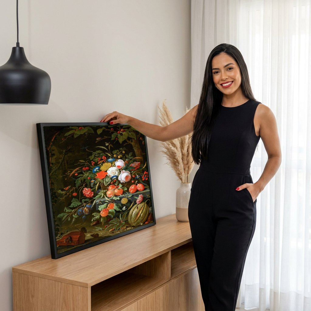 Quadro Decorativo Cesto de Flores e Frutas - Abraham Mignon | modelo apresentando o quadro emoldurado