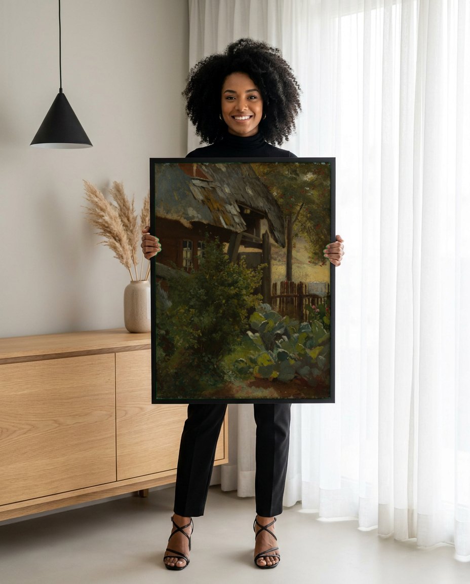 Quadro Decorativo Casa de Campo com Horta - Hans Thoma | modelo apresentando o quadro emoldurado