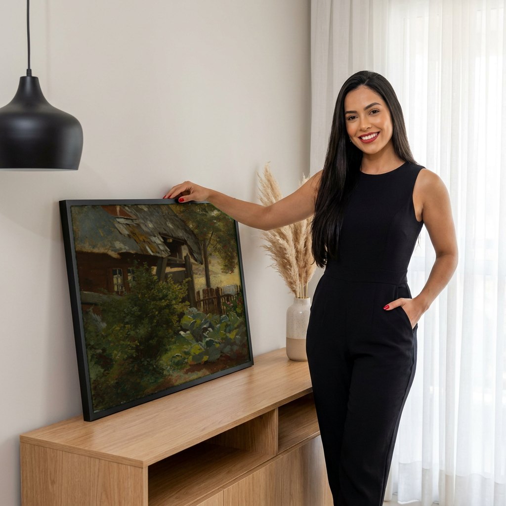 Quadro Decorativo Casa de Campo com Horta - Hans Thoma | modelo apresentando o quadro emoldurado