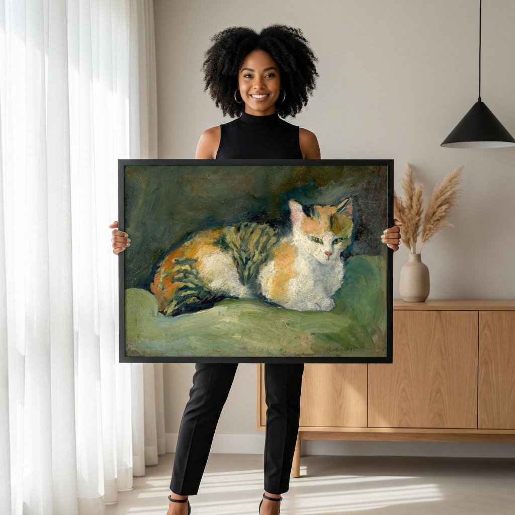 Quadro Decorativo Gato Adormecido - August Macke | modelo apresentando o quadro emoldurado