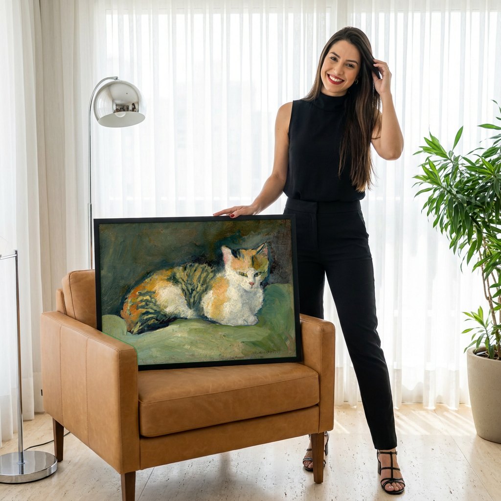 Quadro Decorativo Gato Adormecido - August Macke | modelo apresentando o quadro emoldurado