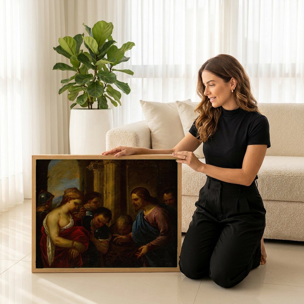 Quadro Decorativo Jesus e a Mulher Adúltera - Luca Giordano | modelo apresentando o quadro emoldurado