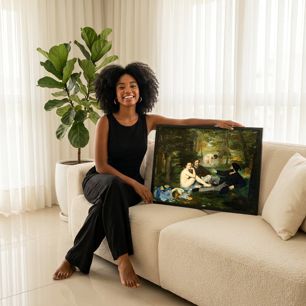 Quadro Decorativo Almoço na Relva - Manet | modelo apresentando o quadro emoldurado