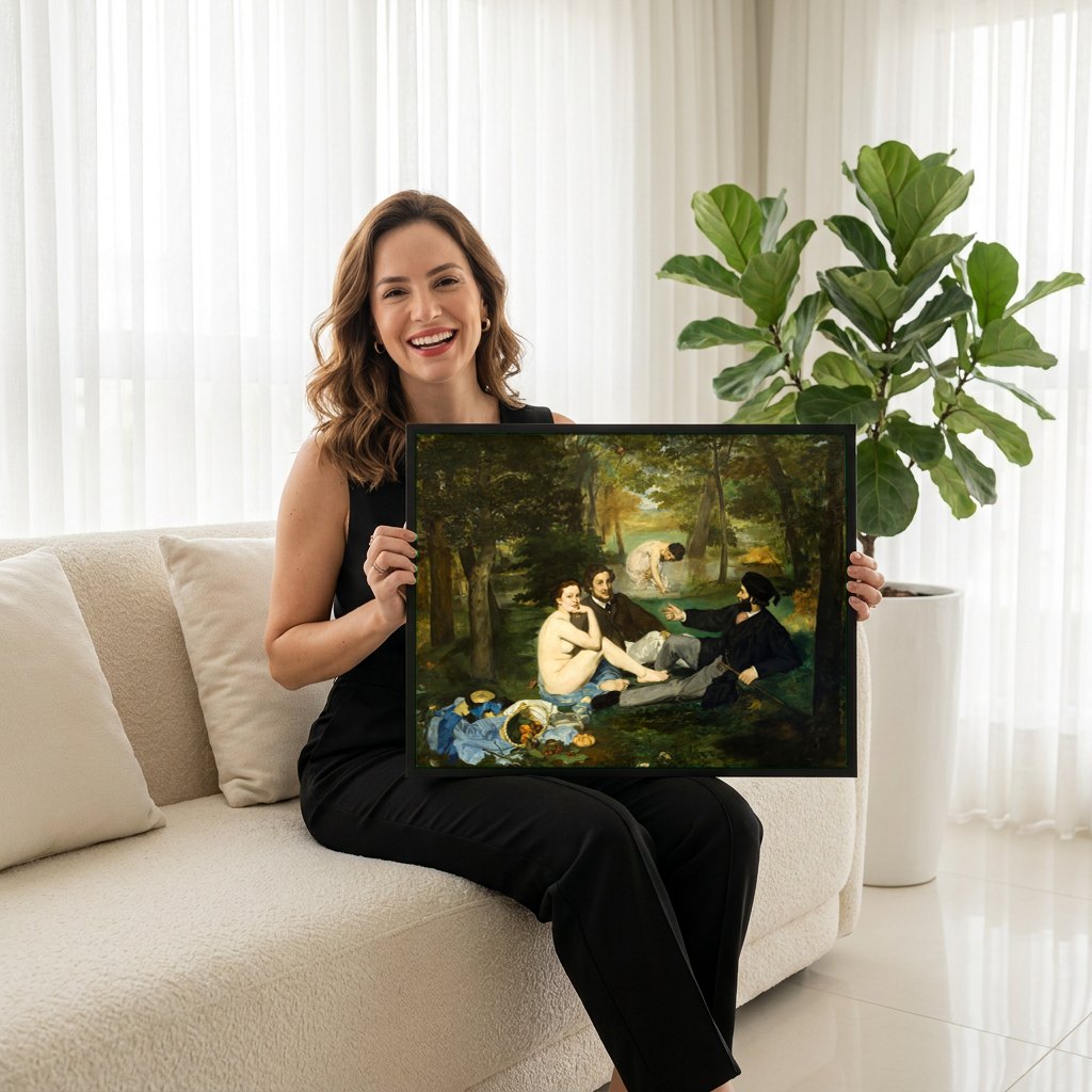 Quadro Decorativo Almoço na Relva - Manet | modelo apresentando o quadro emoldurado