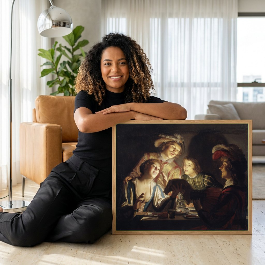 Quadro Decorativo 'O Concerto' - Honthorst | modelo apresentando o quadro emoldurado