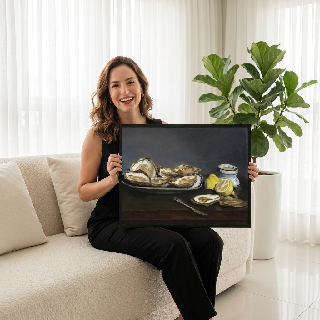 Quadro Decorativo Ostras - Edouard Manet | modelo apresentando o quadro emoldurado