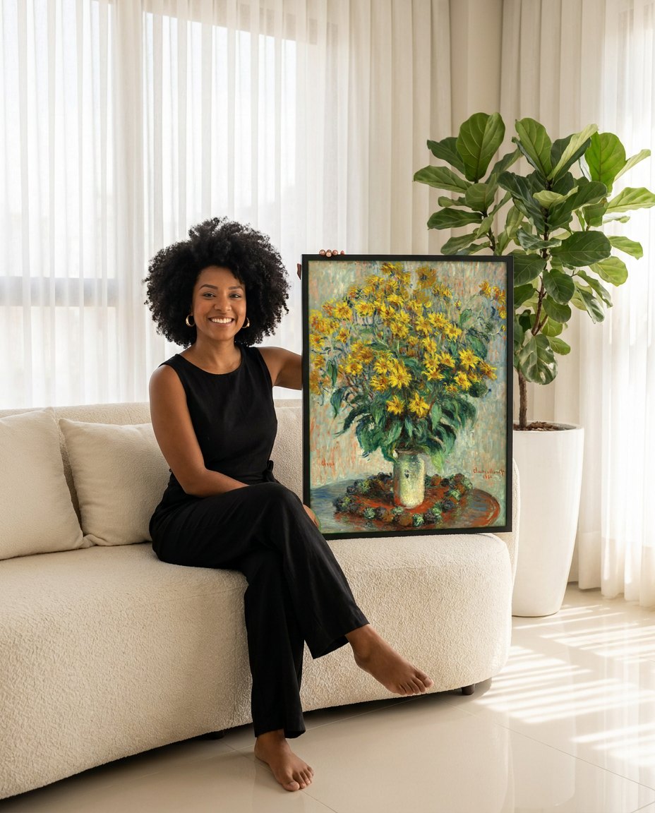 Quadro Decorativo Girassóis - Claude Monet | modelo apresentando o quadro emoldurado