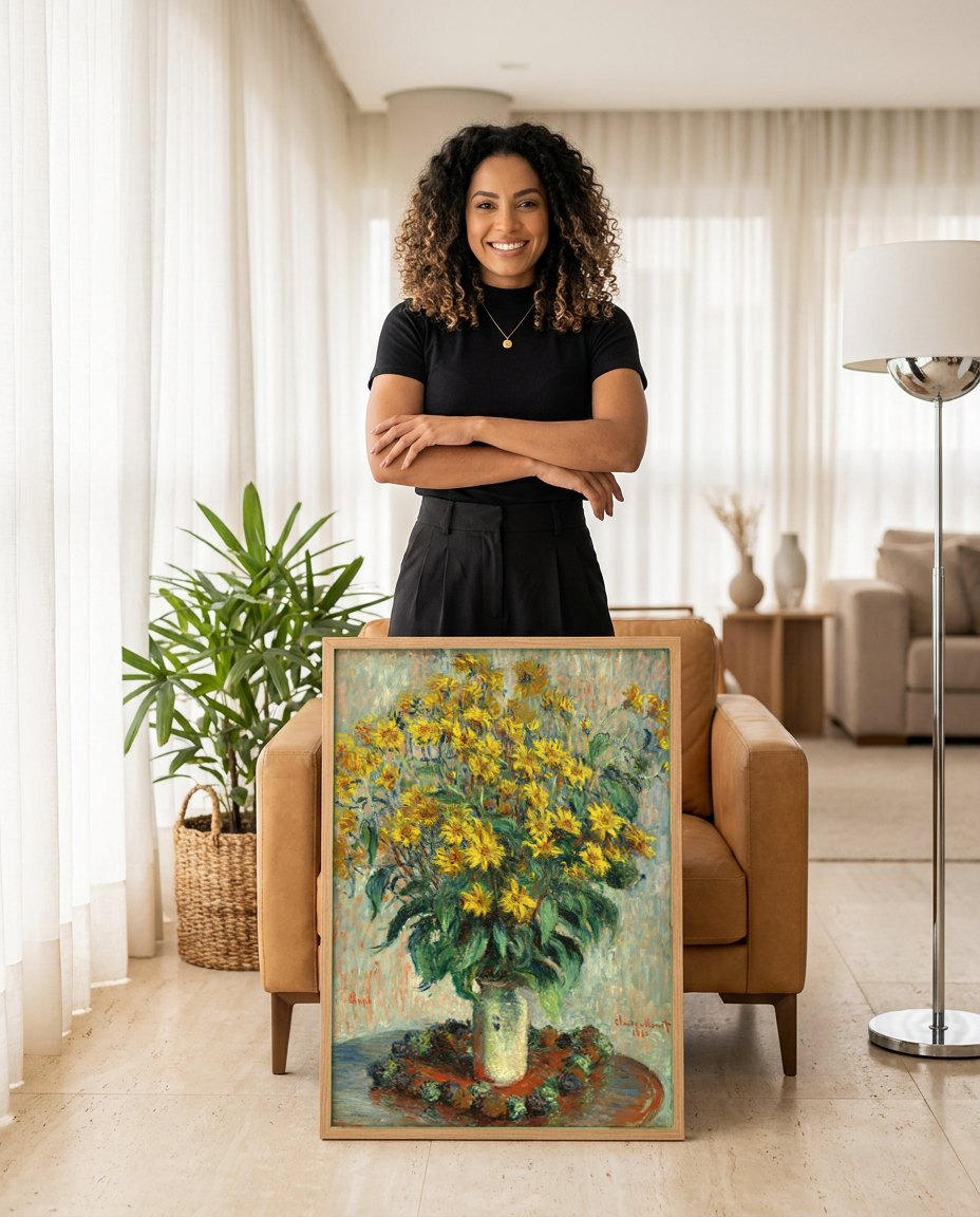 Quadro Decorativo Girassóis - Claude Monet | modelo apresentando o quadro emoldurado