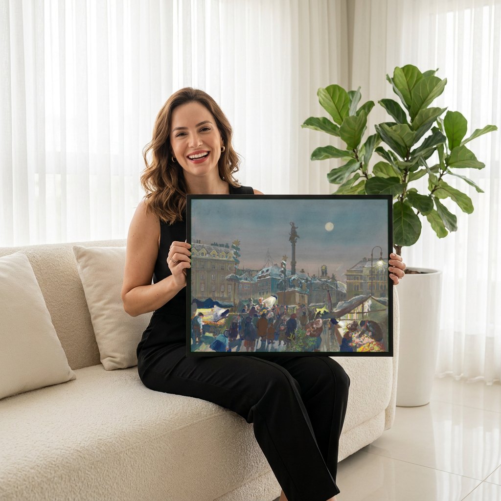 Quadro Decorativo Mercado Noturno de Natal - Oskar Laske | modelo apresentando o quadro emoldurado