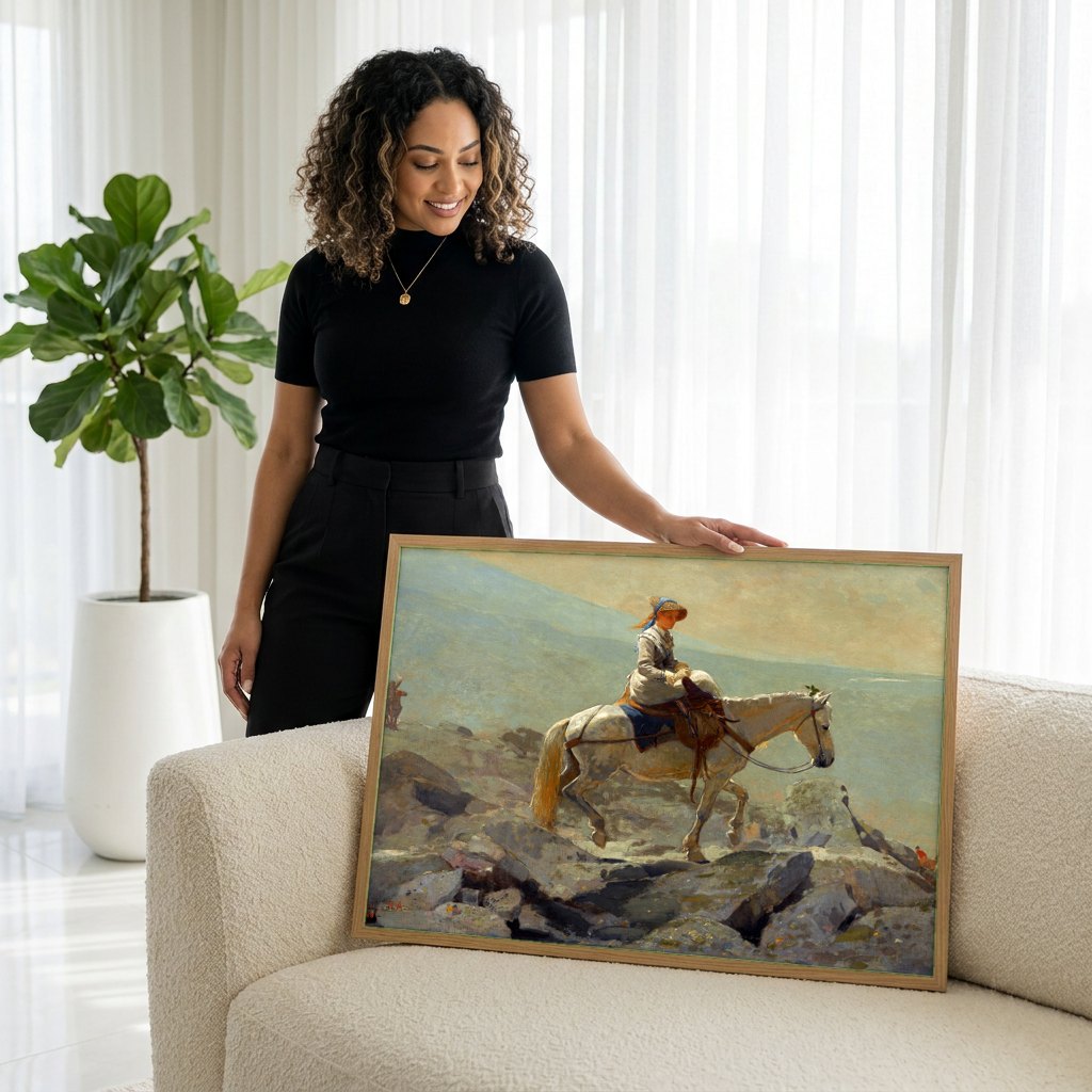 Quadro Decorativo A Subida de Bridle Path, White Mountains - Winslow Homer | modelo apresentando o quadro emoldurado