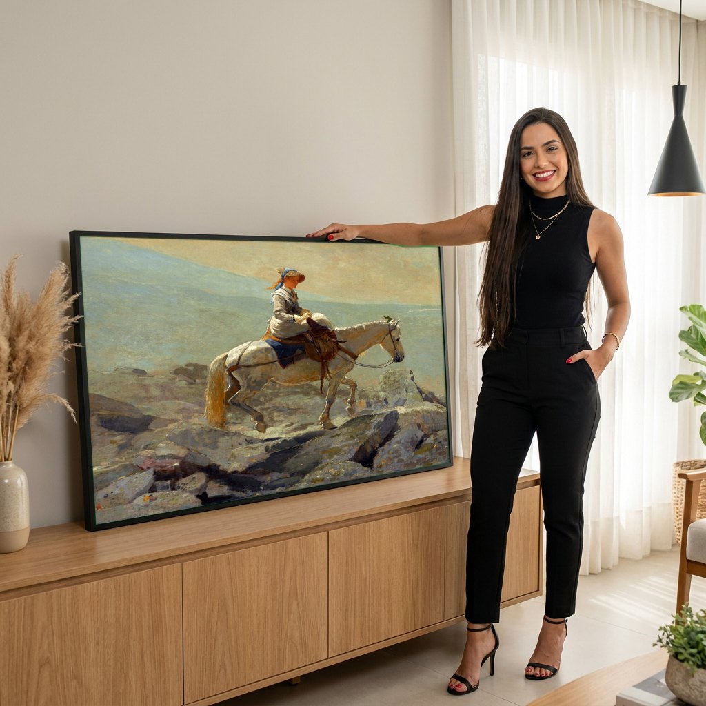 Quadro Decorativo A Subida de Bridle Path, White Mountains - Winslow Homer | modelo apresentando o quadro emoldurado
