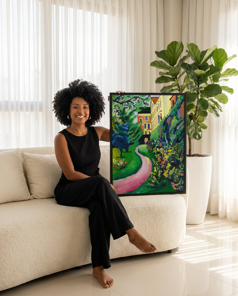 Quadro Decorativo Jardim em Berna - August Macke | modelo apresentando o quadro emoldurado
