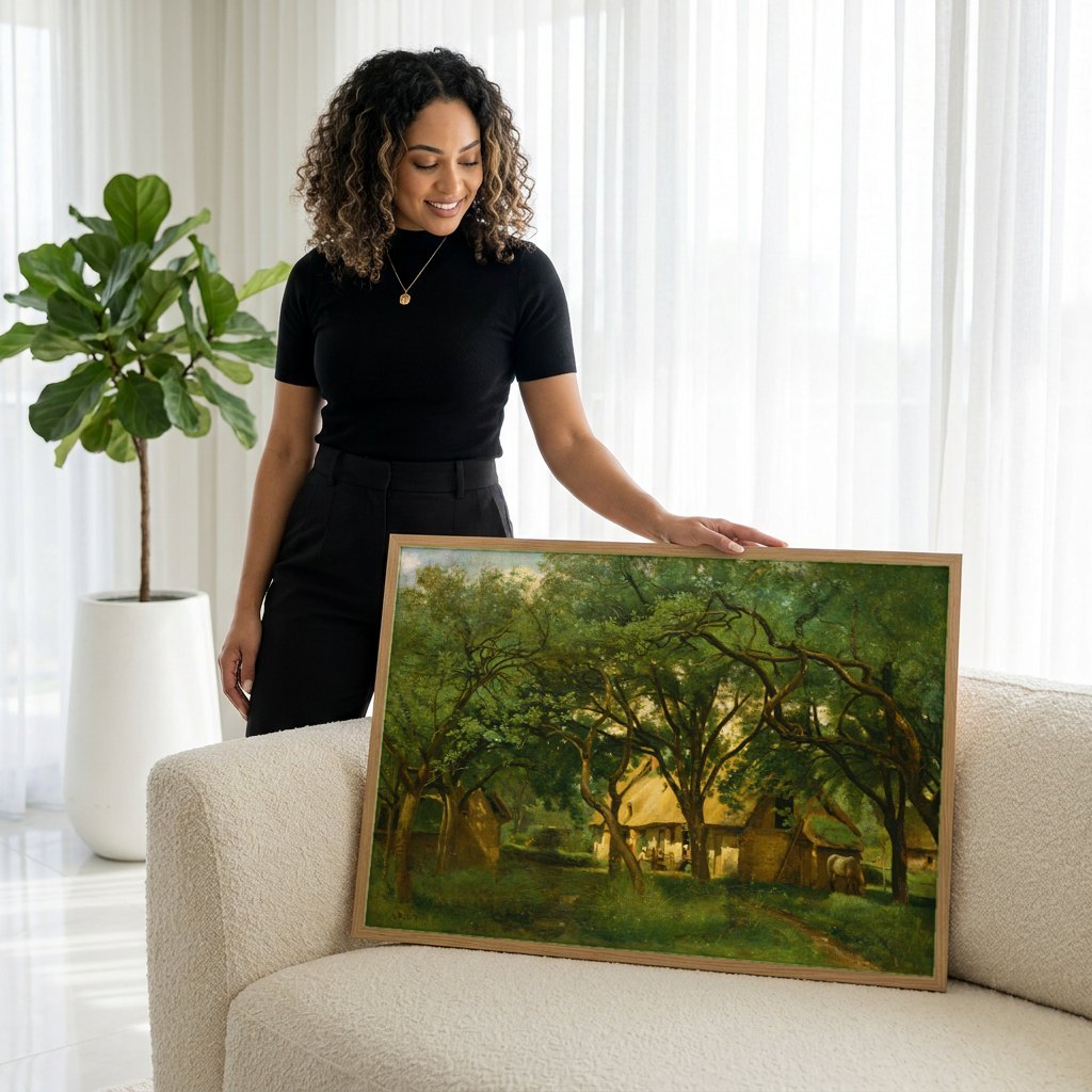 Quadro Decorativo Campo e Chalés - Corot | modelo apresentando o quadro emoldurado