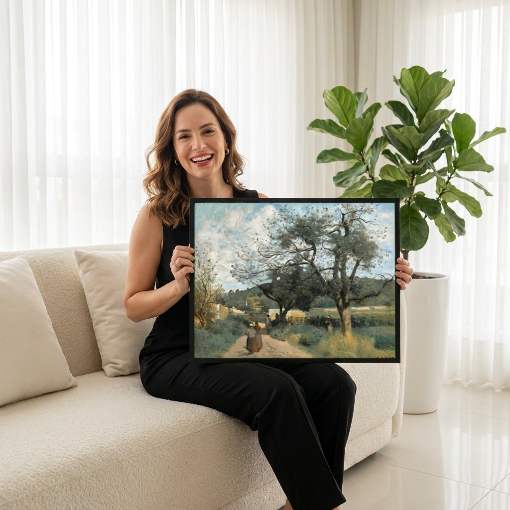 Quadro Decorativo Paisagem Rural - Corot | modelo apresentando o quadro emoldurado
