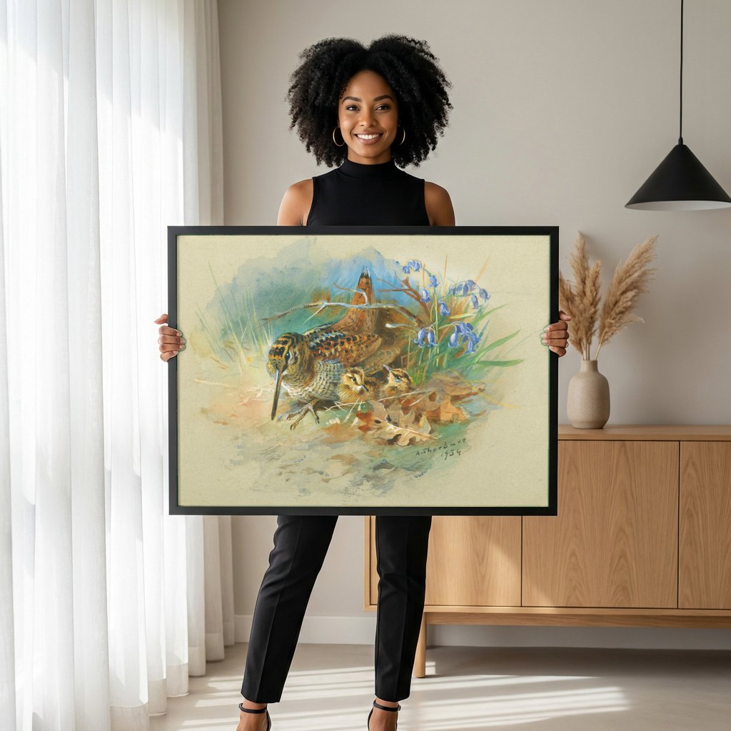 Quadro Decorativo Aves e Filhotes na Natureza - Thorburn | modelo apresentando o quadro emoldurado
