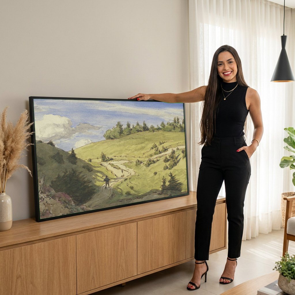 Quadro Decorativo Paisagem com Caminhante - Hans Thoma | modelo apresentando o quadro emoldurado