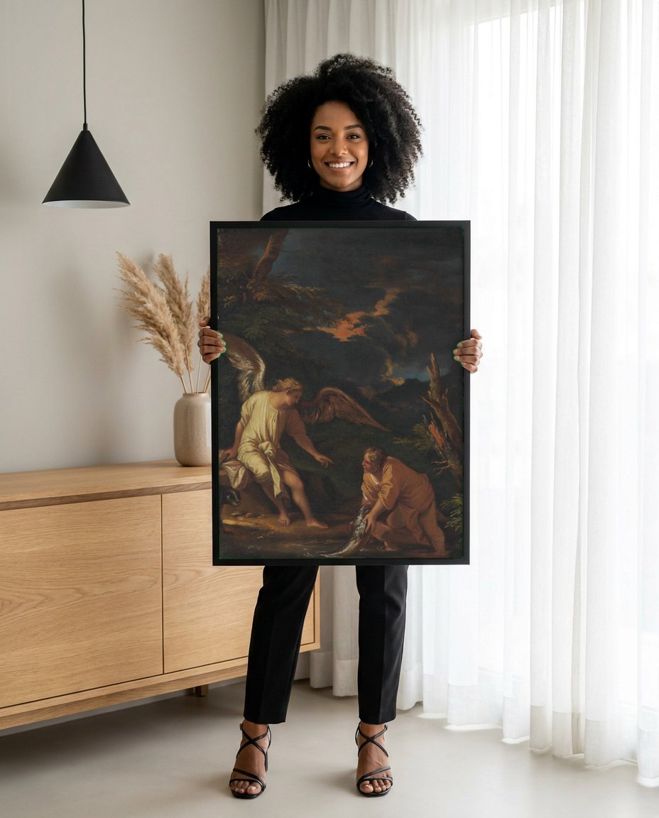 Quadro Decorativo Tobias e o Anjo - Salvator Rosa | modelo apresentando o quadro emoldurado