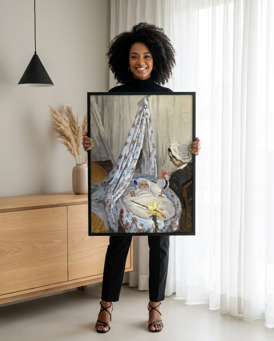 Quadro Decorativo O Berço - Claude Monet | modelo apresentando o quadro emoldurado