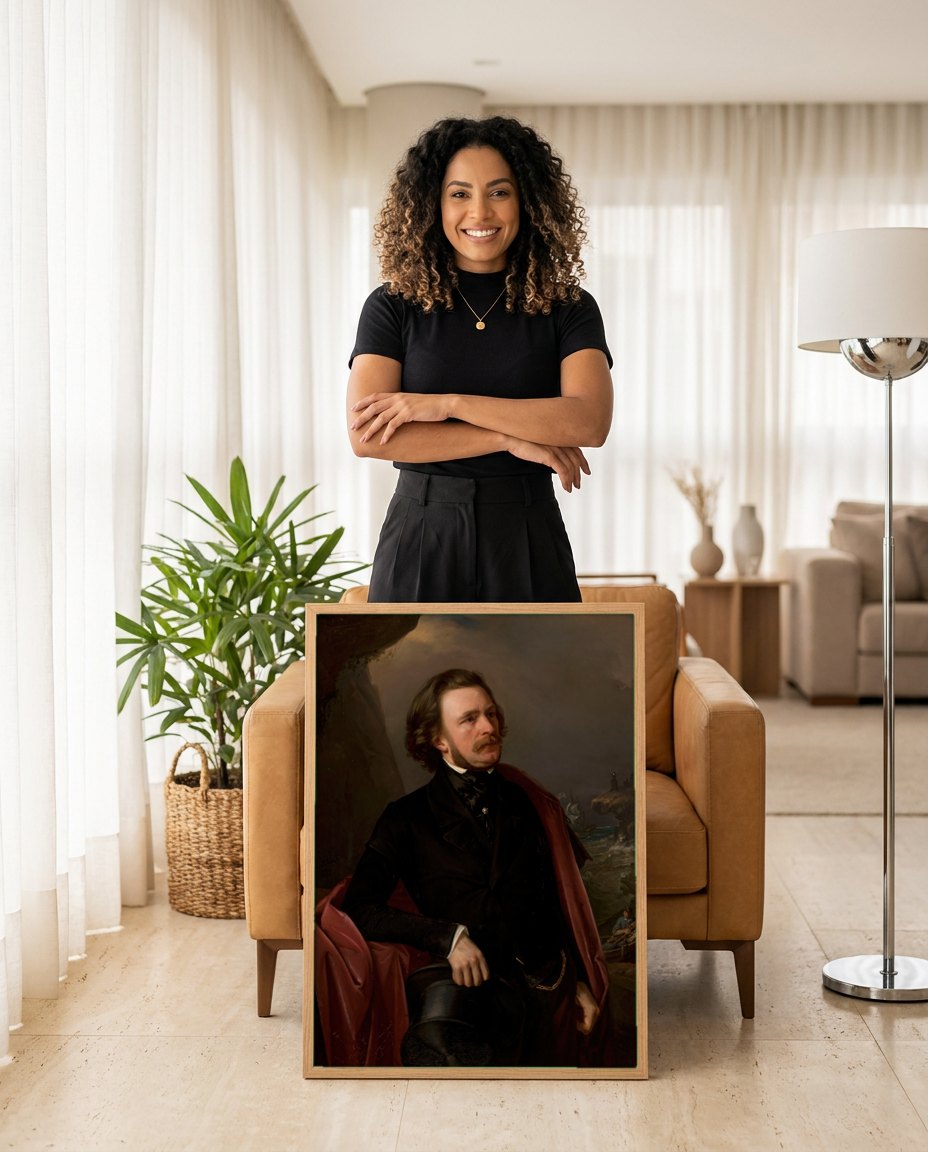 Quadro Decorativo Retrato com Cena Marítima - Józef Simmler | modelo apresentando o quadro emoldurado