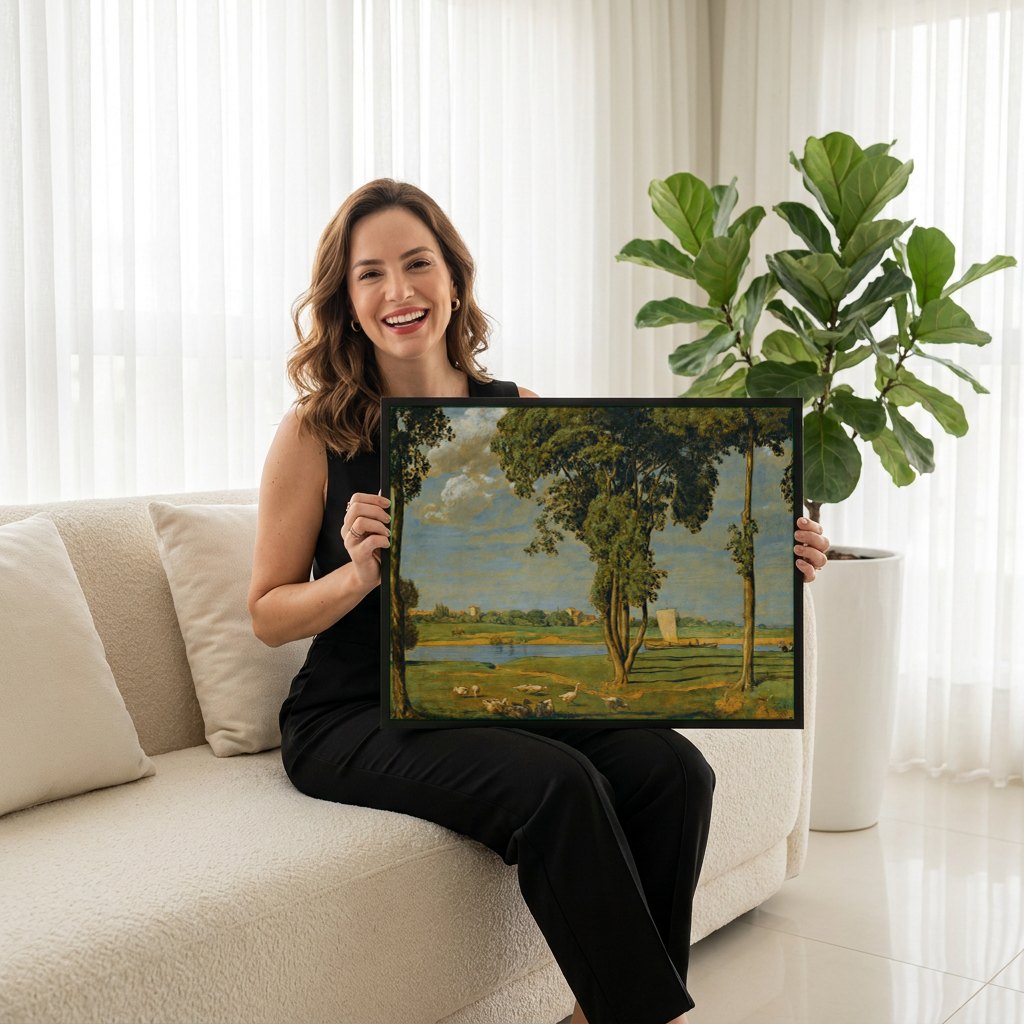 Quadro Decorativo Paisagem com Rio e Patos - Hans Thoma | modelo apresentando o quadro emoldurado