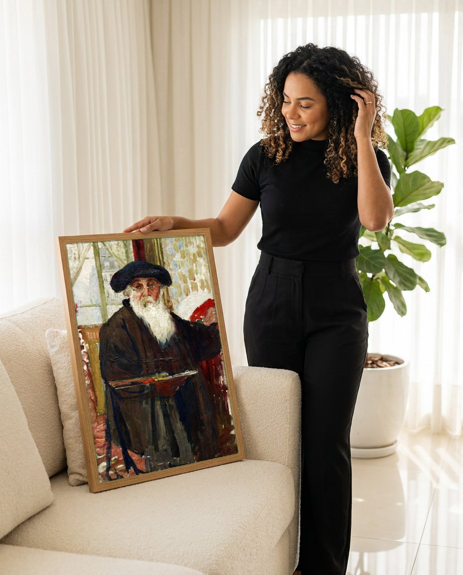 Quadro Decorativo Autorretrato com Paleta - Camille Pissarro | modelo apresentando o quadro emoldurado