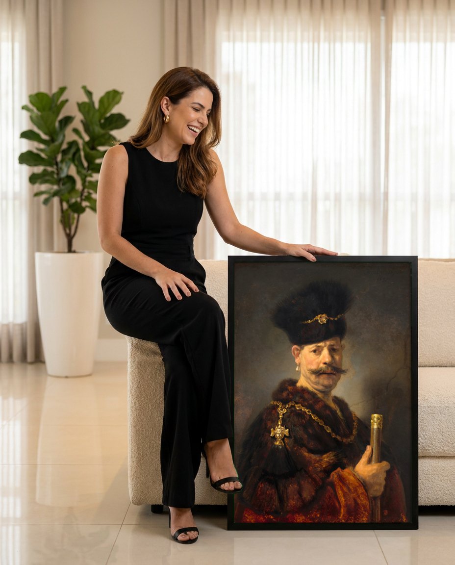 Quadro Decorativo Homem com Gorro Oriental – Rembrandt | modelo apresentando o quadro emoldurado