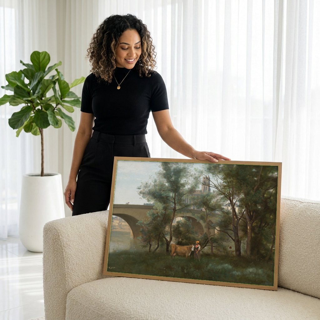 Quadro Decorativo A Ponte de Narni - Corot | modelo apresentando o quadro emoldurado