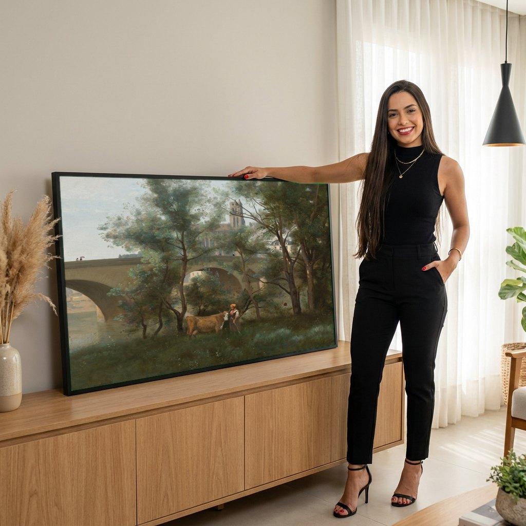 Quadro Decorativo A Ponte de Narni - Corot | modelo apresentando o quadro emoldurado