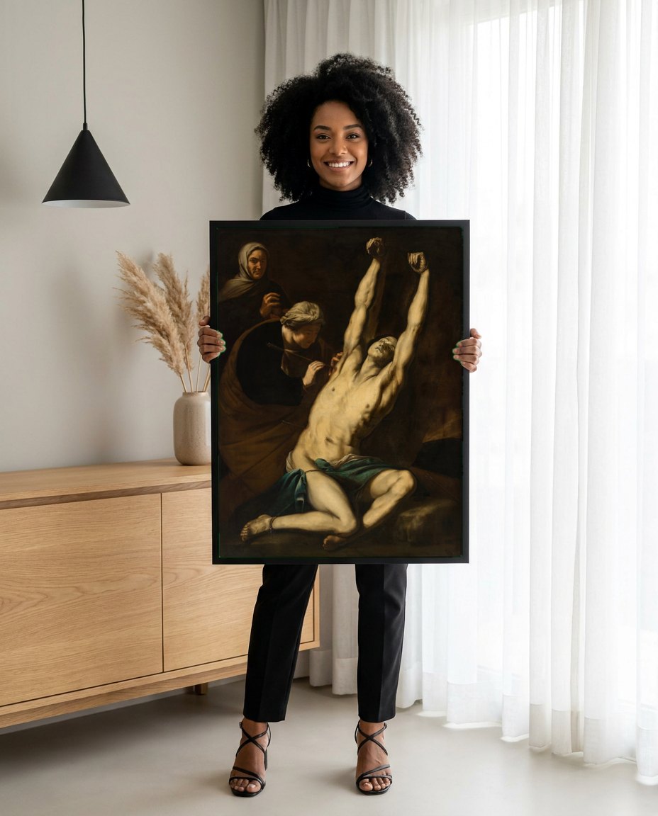 Quadro Decorativo Martírio de São Sebastião - Luca Giordano | modelo apresentando o quadro emoldurado