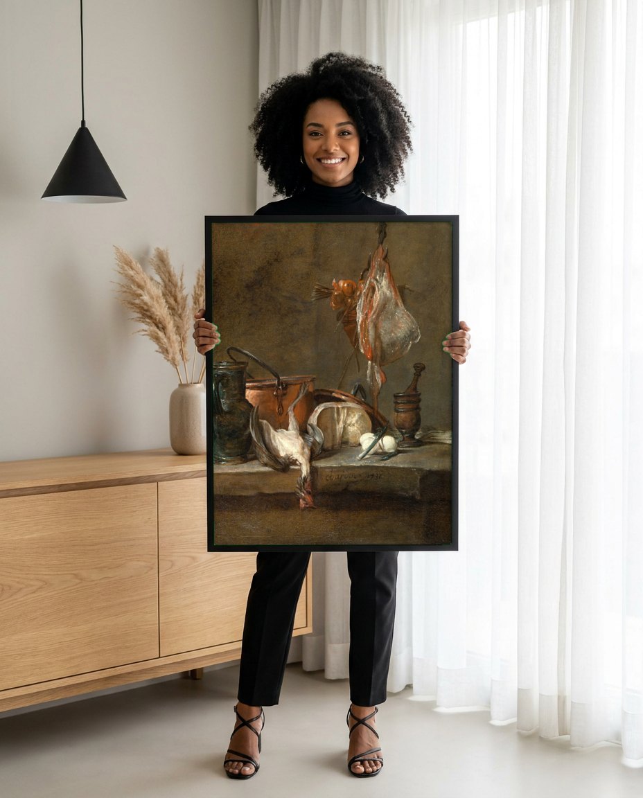 Quadro Decorativo Natureza-Morta com Pato e Utensílios de Cozinha - Chardin | modelo apresentando o quadro emoldurado