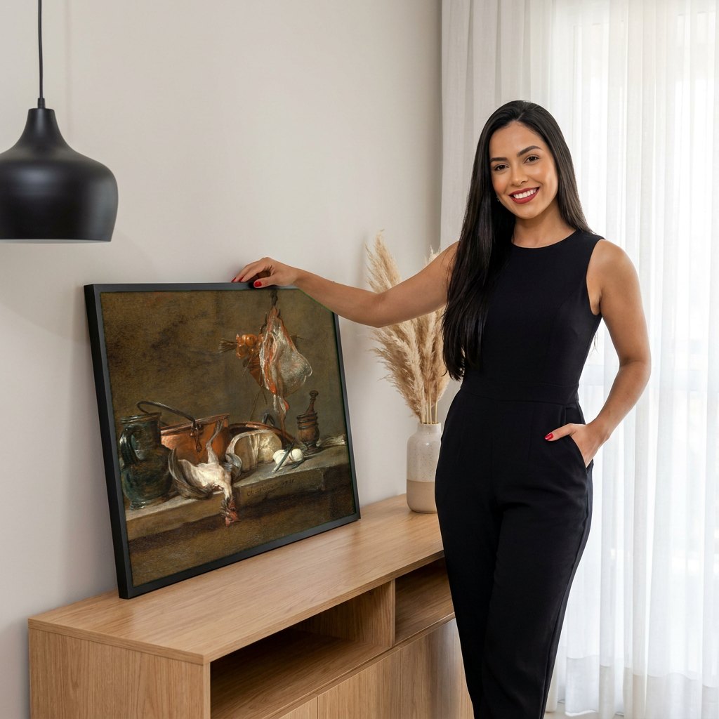 Quadro Decorativo Natureza-Morta com Pato e Utensílios de Cozinha - Chardin | modelo apresentando o quadro emoldurado