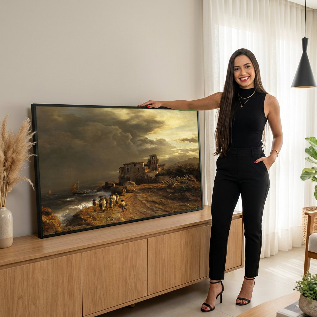 Quadro Decorativo Porto Italiano Tempestuoso - Oswald Achenbach | modelo apresentando o quadro emoldurado
