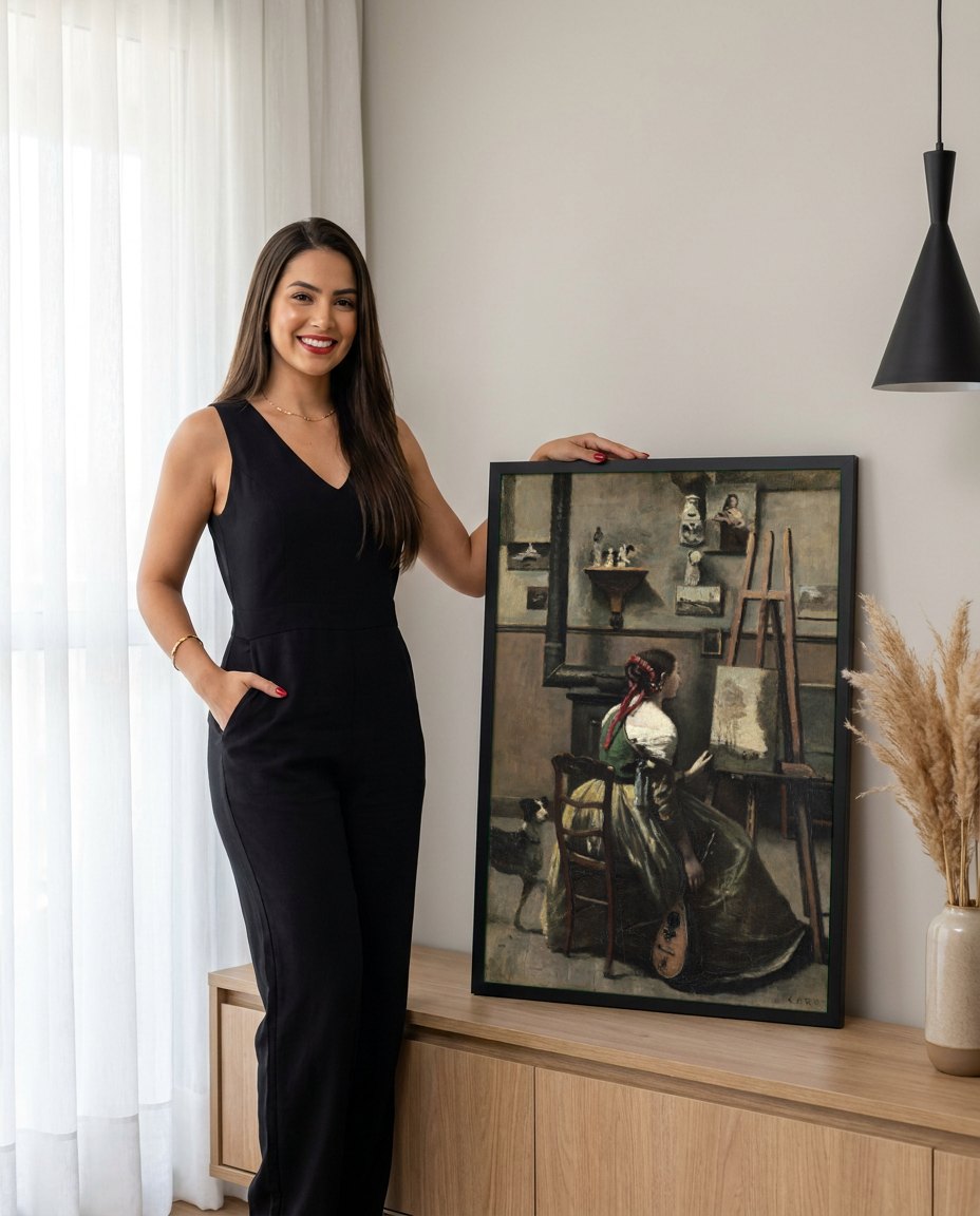 Quadro Decorativo A Artista - Corot | modelo apresentando o quadro emoldurado