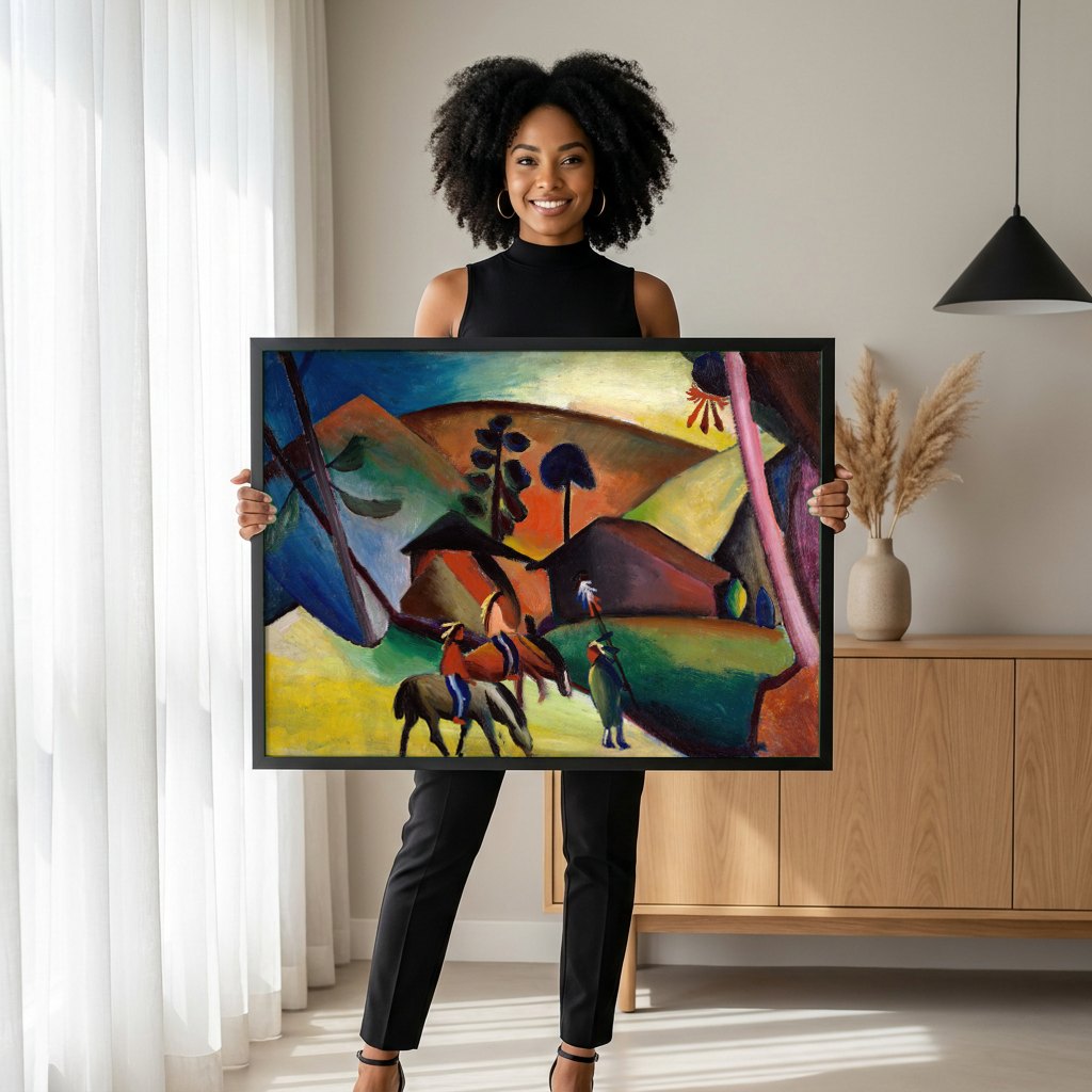 Quadro Decorativo Cenas Indígenas - August Macke | modelo apresentando o quadro emoldurado