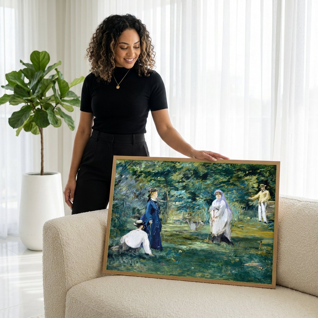 Quadro Decorativo 'O Jogo de Croqué' - Manet | modelo apresentando o quadro emoldurado