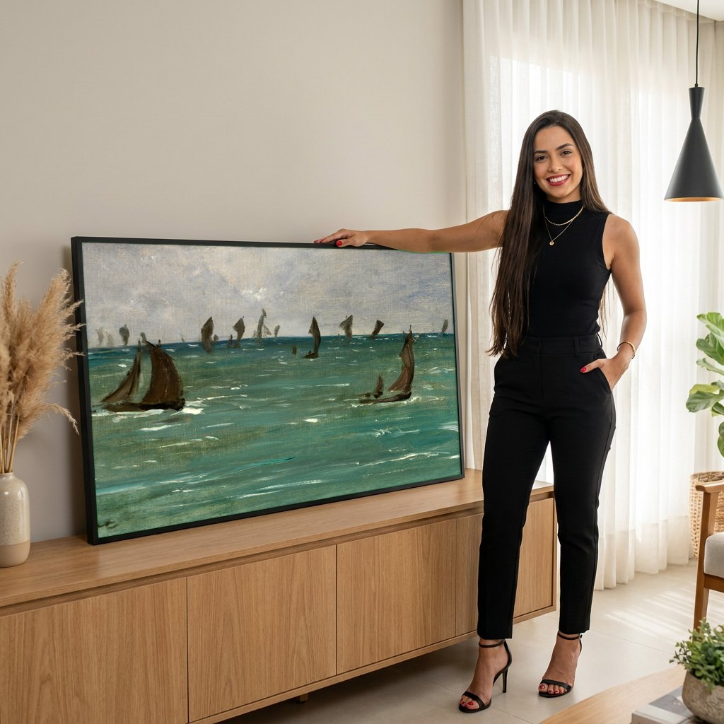 Quadro Decorativo Barcos no Mar - Manet | modelo apresentando o quadro emoldurado