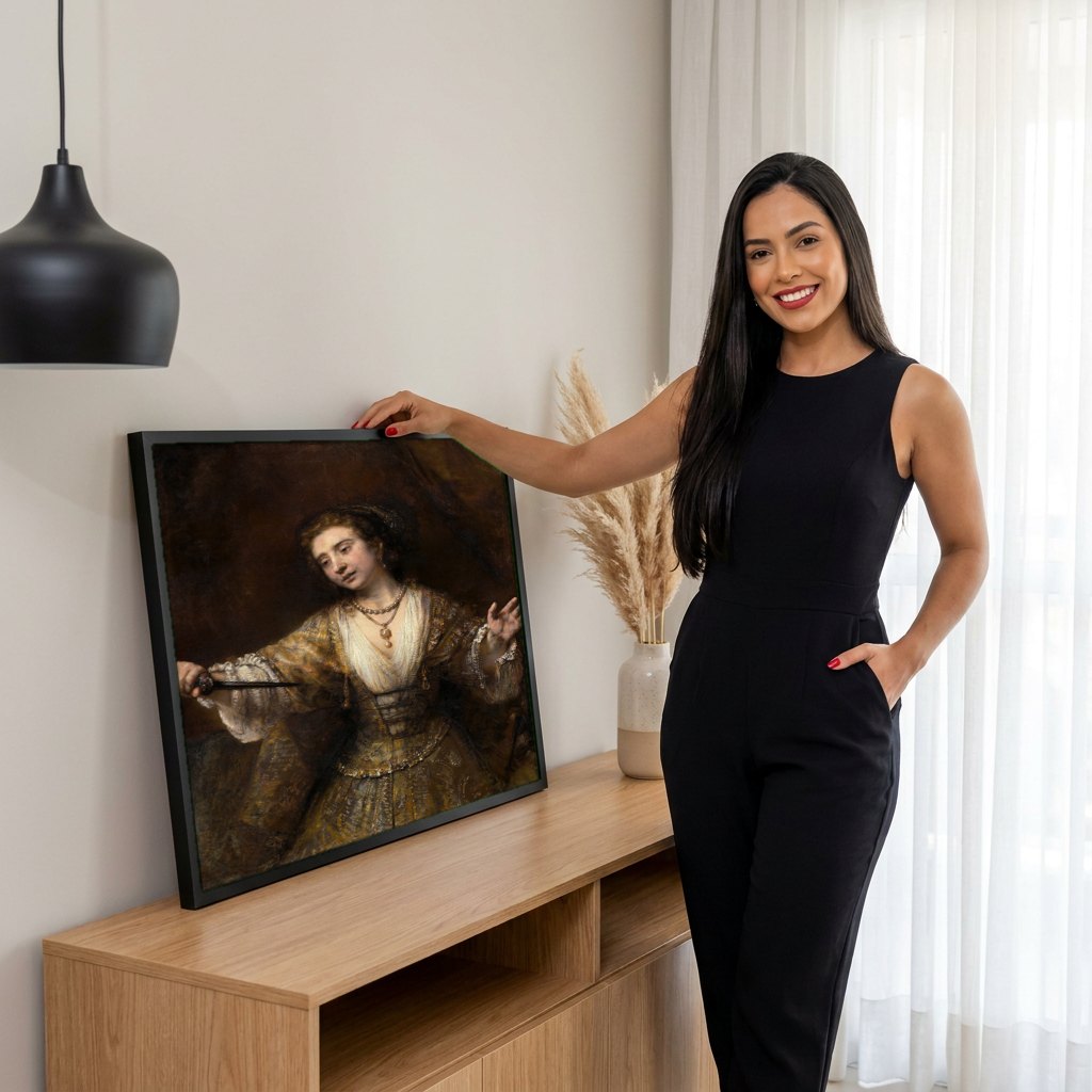 Quadro Decorativo Lucrecia – Rembrandt | modelo apresentando o quadro emoldurado