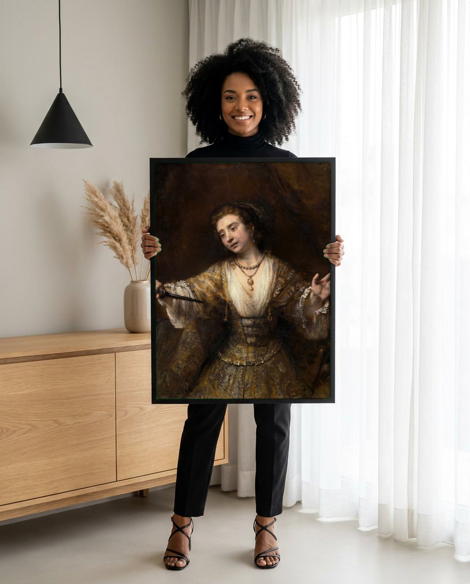 Quadro Decorativo Lucrecia – Rembrandt | modelo apresentando o quadro emoldurado