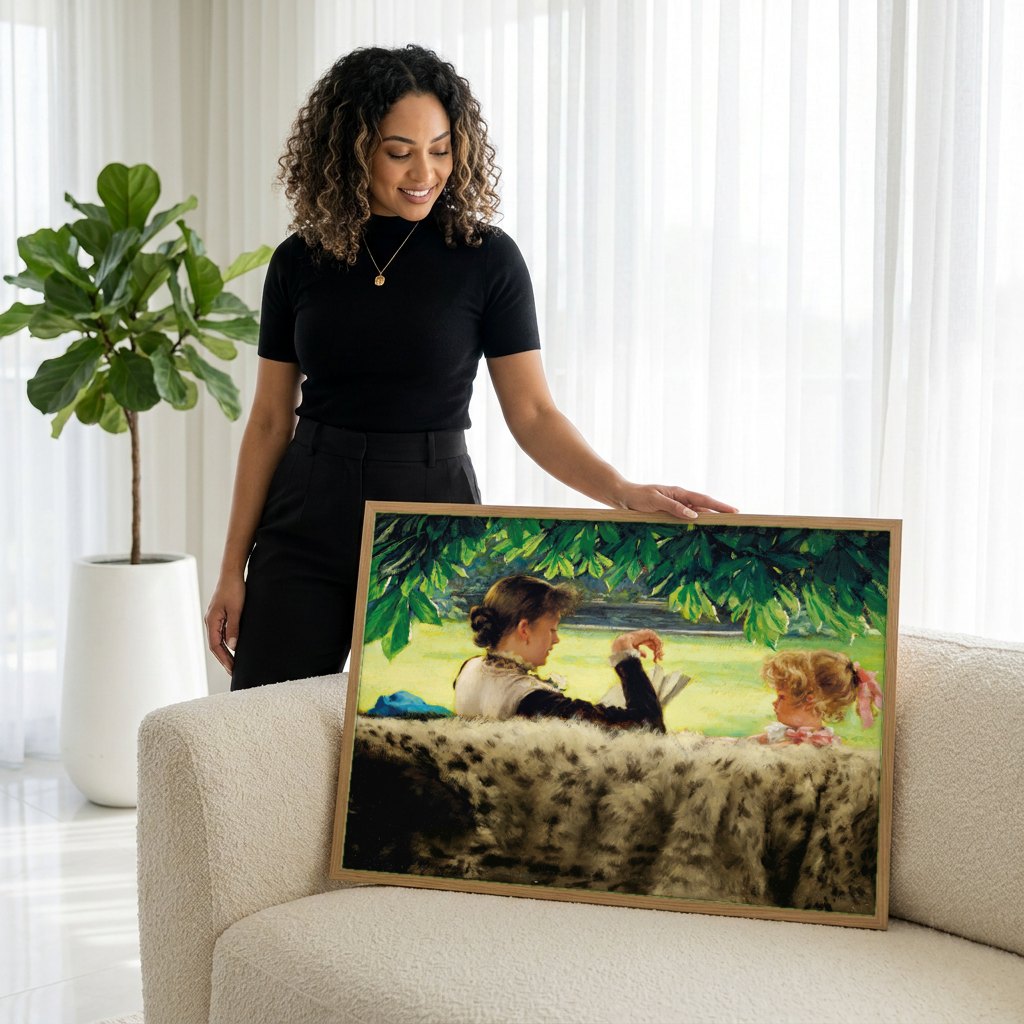 Quadro Decorativo A Leitura - James Tissot | modelo apresentando o quadro emoldurado