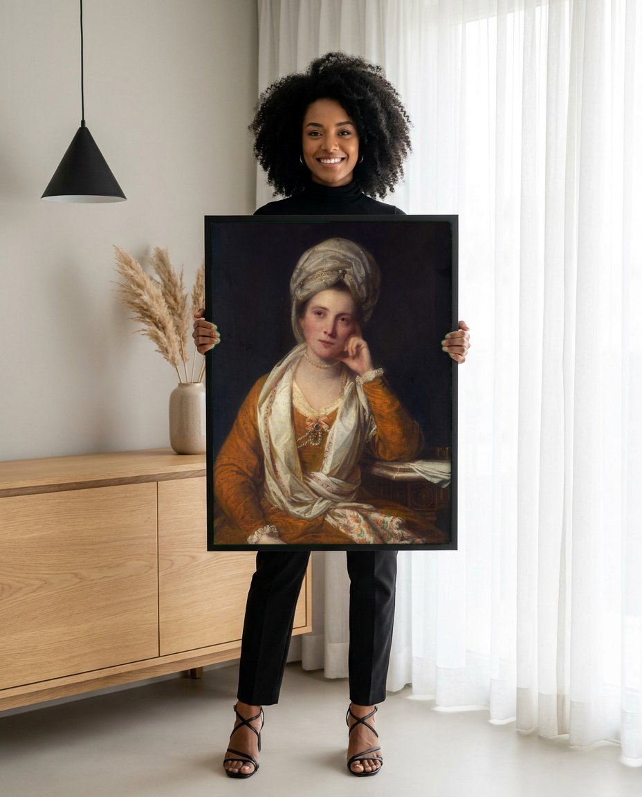 Quadro Decorativo Retrato Feminino com Turbante - Reynolds | modelo apresentando o quadro emoldurado