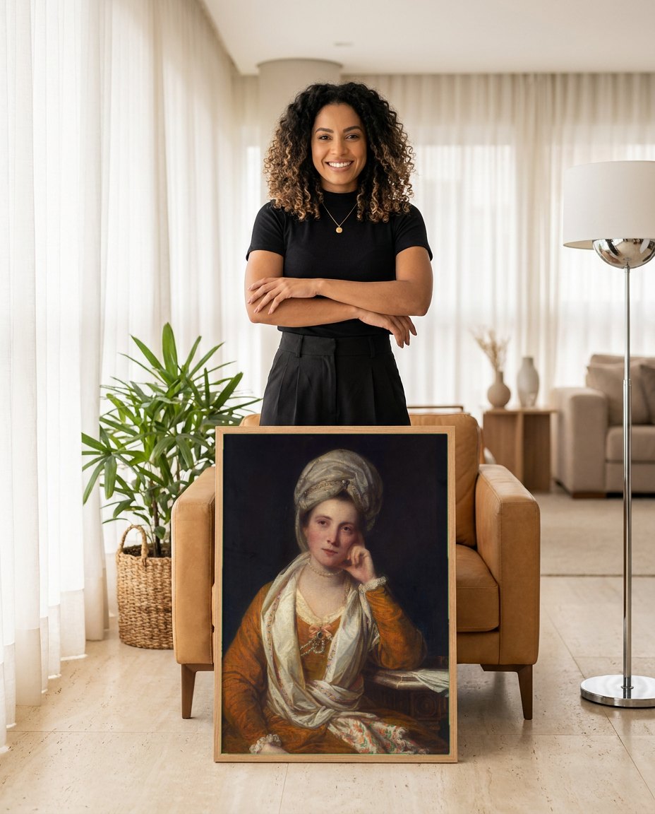 Quadro Decorativo Retrato Feminino com Turbante - Reynolds | modelo apresentando o quadro emoldurado