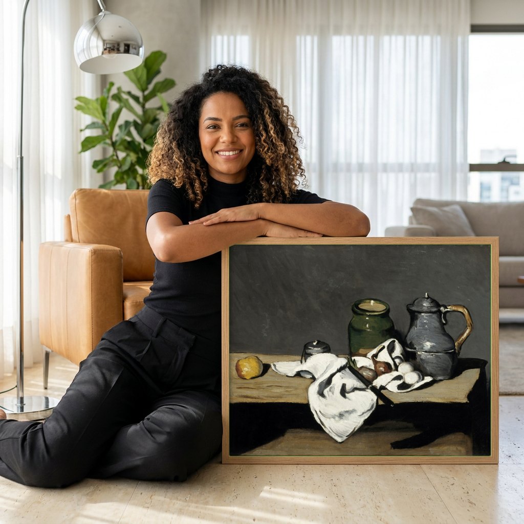 Quadro Decorativo Natureza-Morta com Pote de Gengibre - Cézanne | modelo apresentando o quadro emoldurado