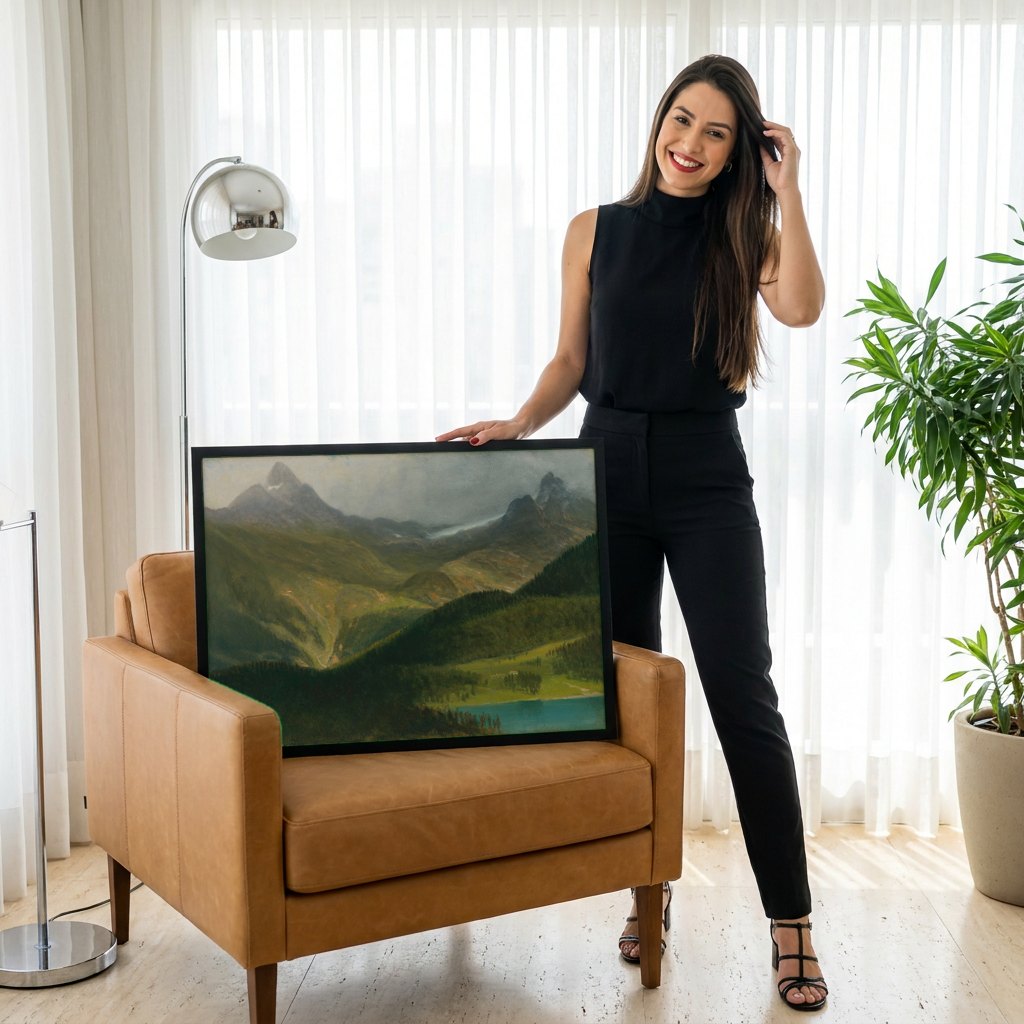 Quadro Decorativo Paisagem Alpina - Bierstadt | modelo apresentando o quadro emoldurado