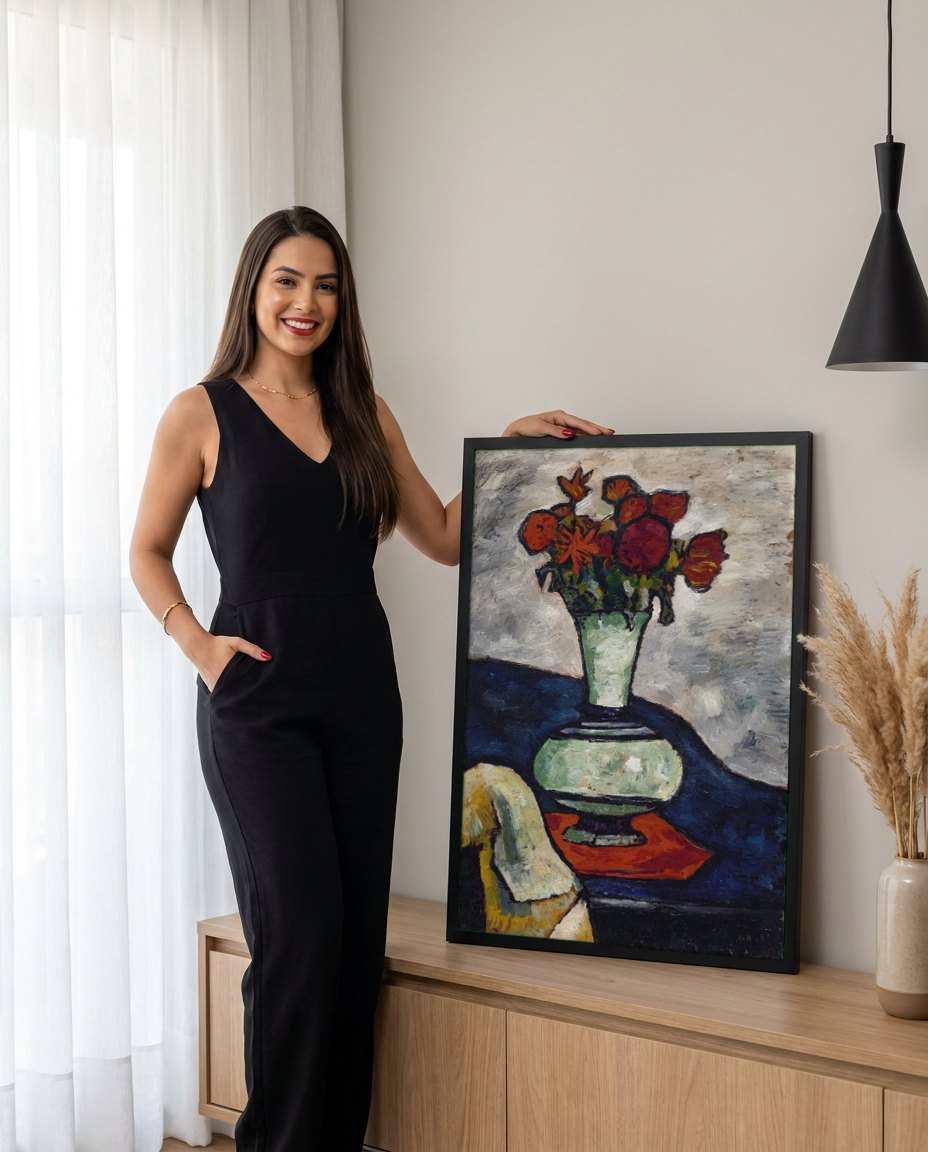 Quadro Decorativo Vaso com Flores - August Macke | modelo apresentando o quadro emoldurado