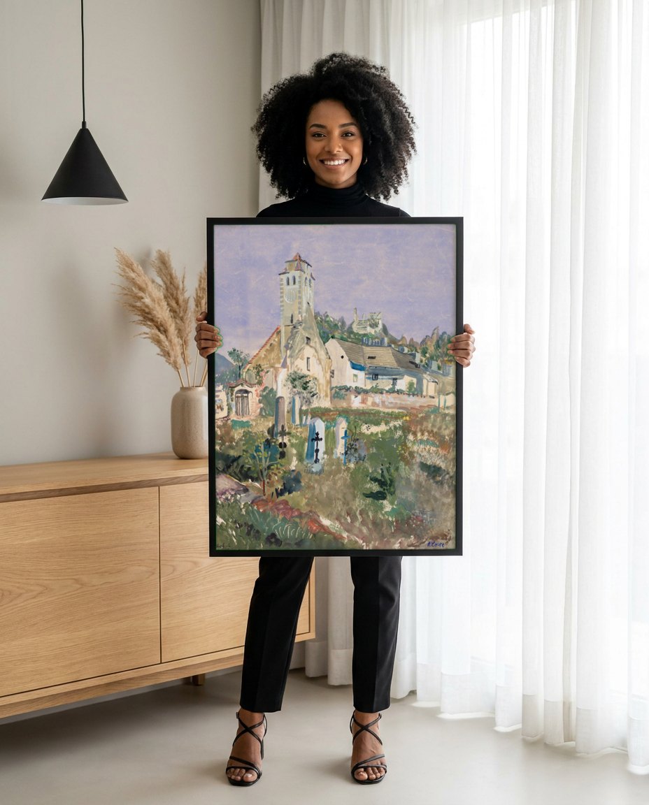 Quadro Decorativo Igreja e Cemitério Antigos - Oskar Laske | modelo apresentando o quadro emoldurado