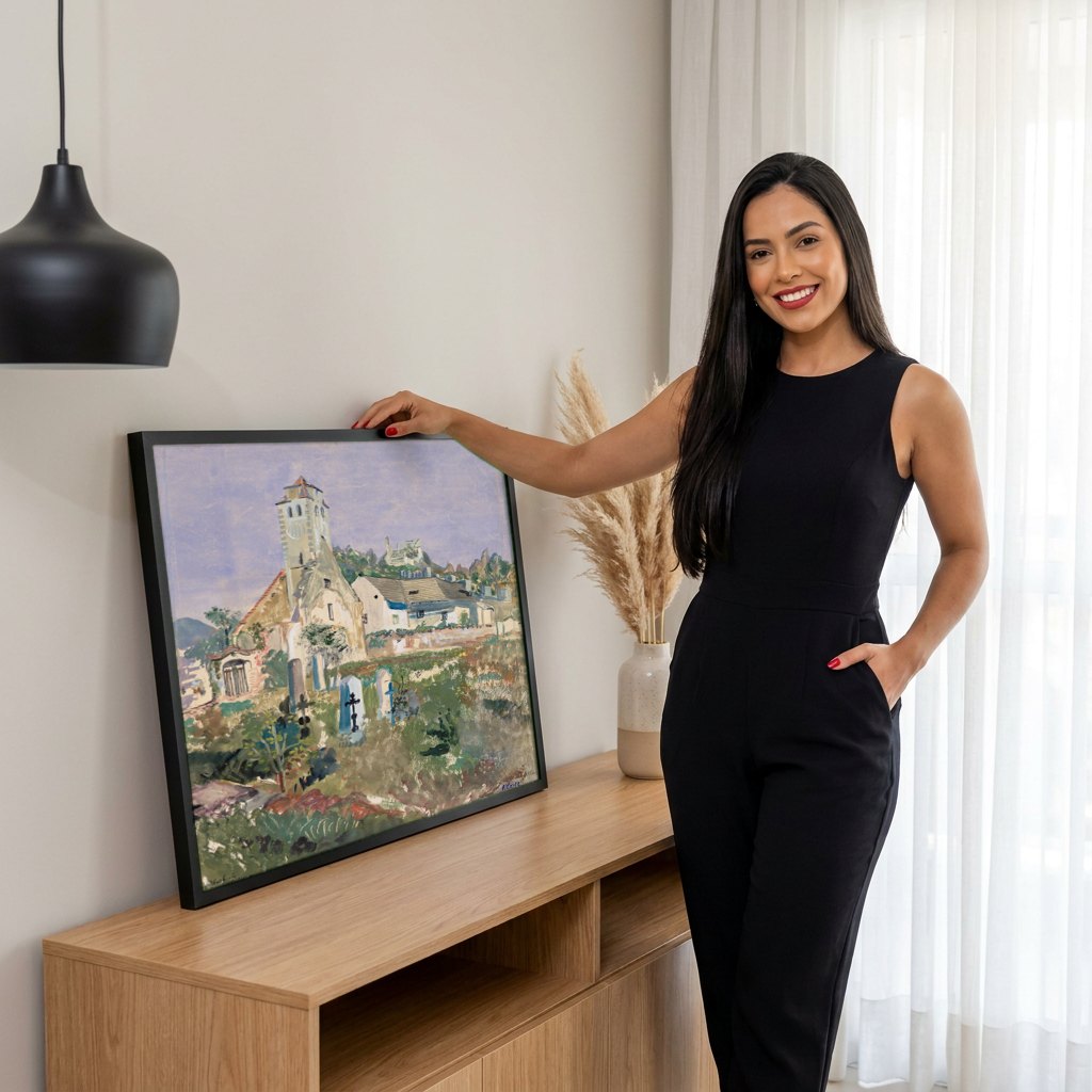Quadro Decorativo Igreja e Cemitério Antigos - Oskar Laske | modelo apresentando o quadro emoldurado