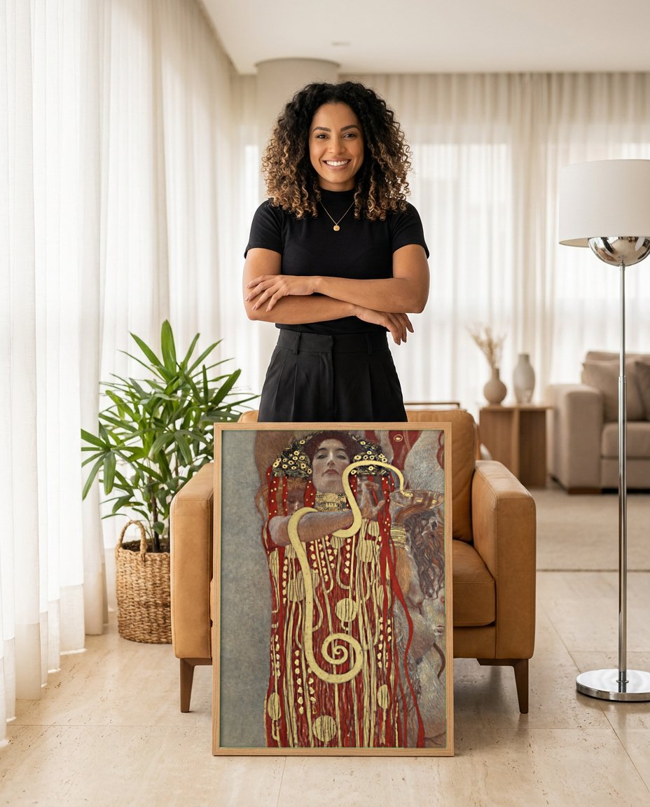 Quadro Decorativo 'Medicina' (Serpente) - Gustav Klimt | modelo apresentando o quadro emoldurado