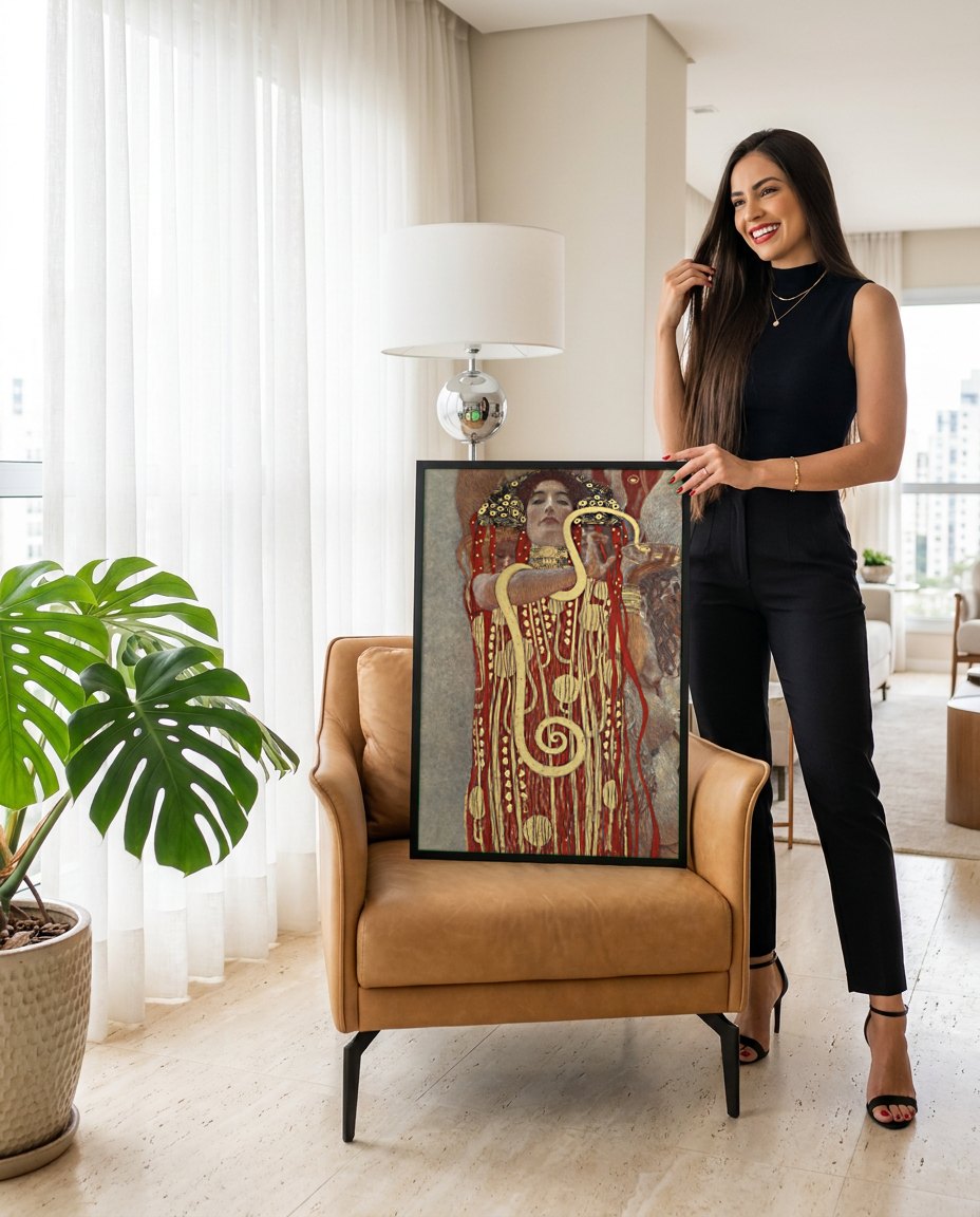 Quadro Decorativo 'Medicina' (Serpente) - Gustav Klimt | modelo apresentando o quadro emoldurado