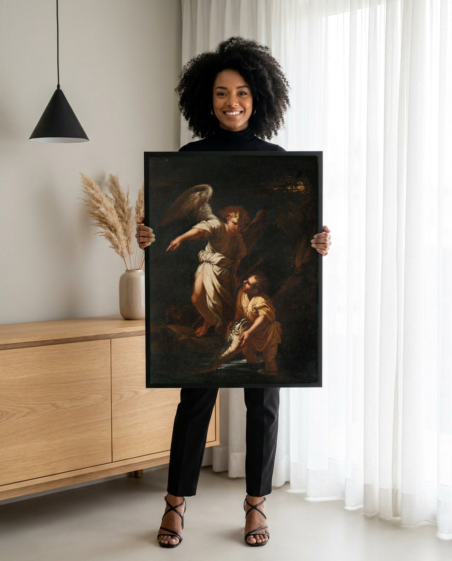 Quadro Decorativo Tobias e o Anjo - Salvator Rosa | modelo apresentando o quadro emoldurado