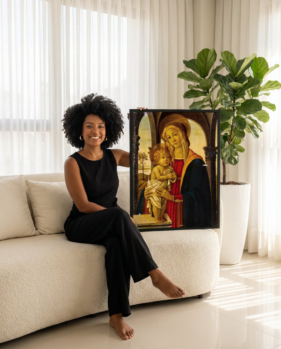 Quadro Decorativo Madonna e o Menino - Botticelli | modelo apresentando o quadro emoldurado
